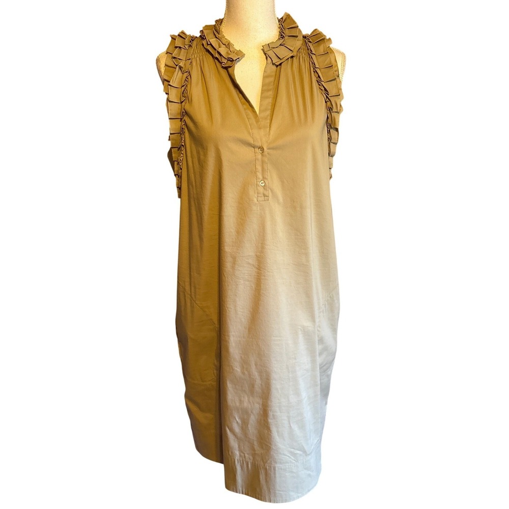 BCBGMAXAZRIA Ruffle Trim Dress, tan, 8, minimalist, quiet luxury, old money
